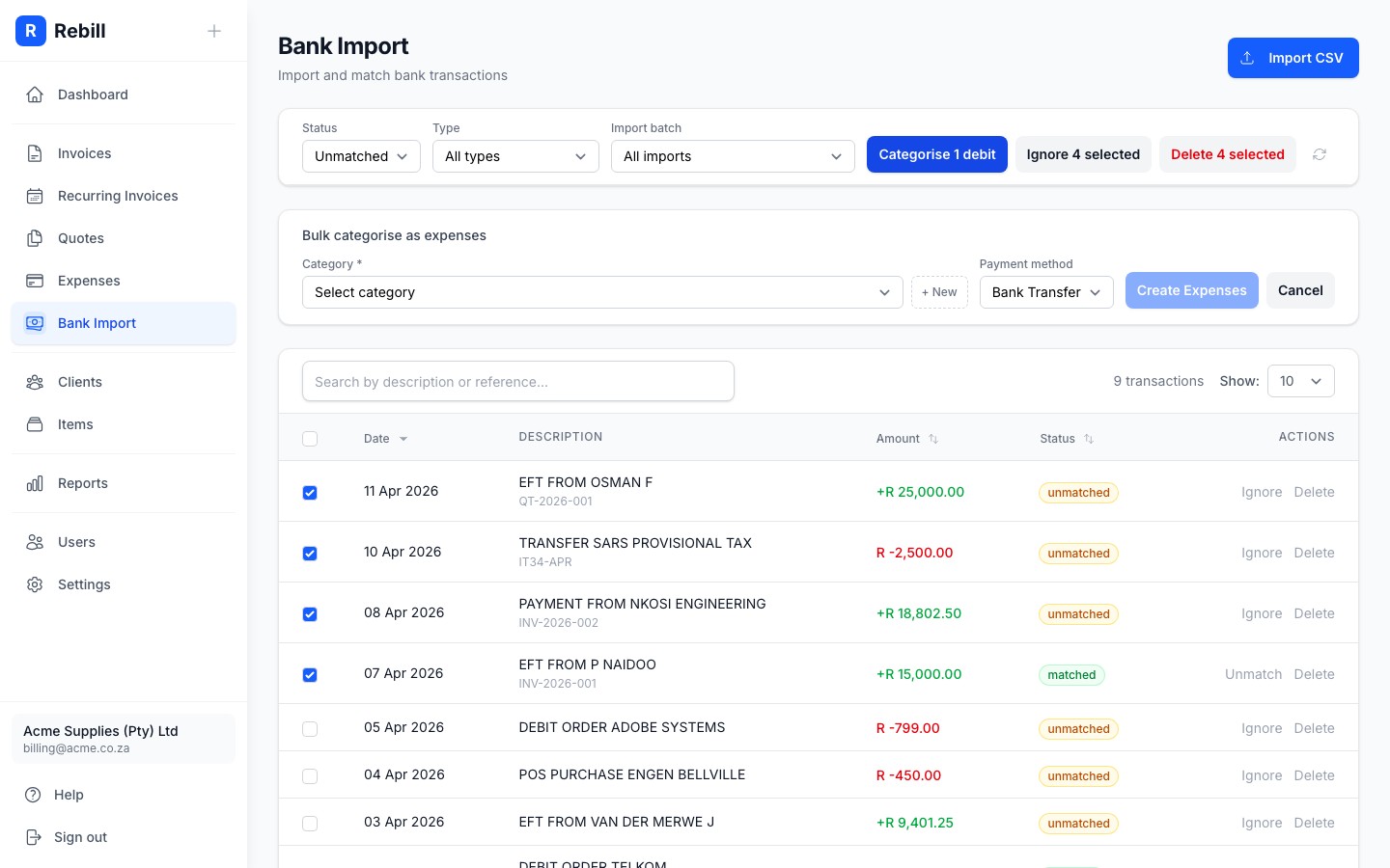 Bulk categorise panel showing category and payment method selection