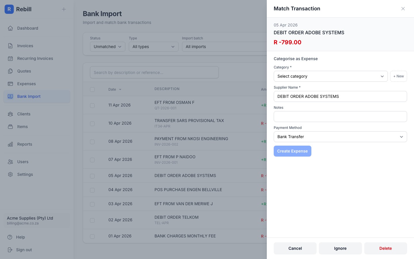 bank import debit categorise