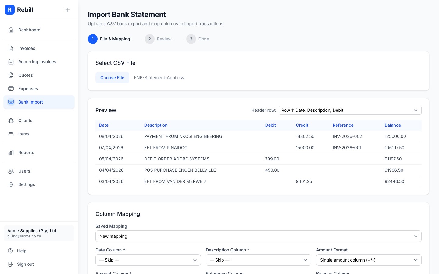bank import file selected