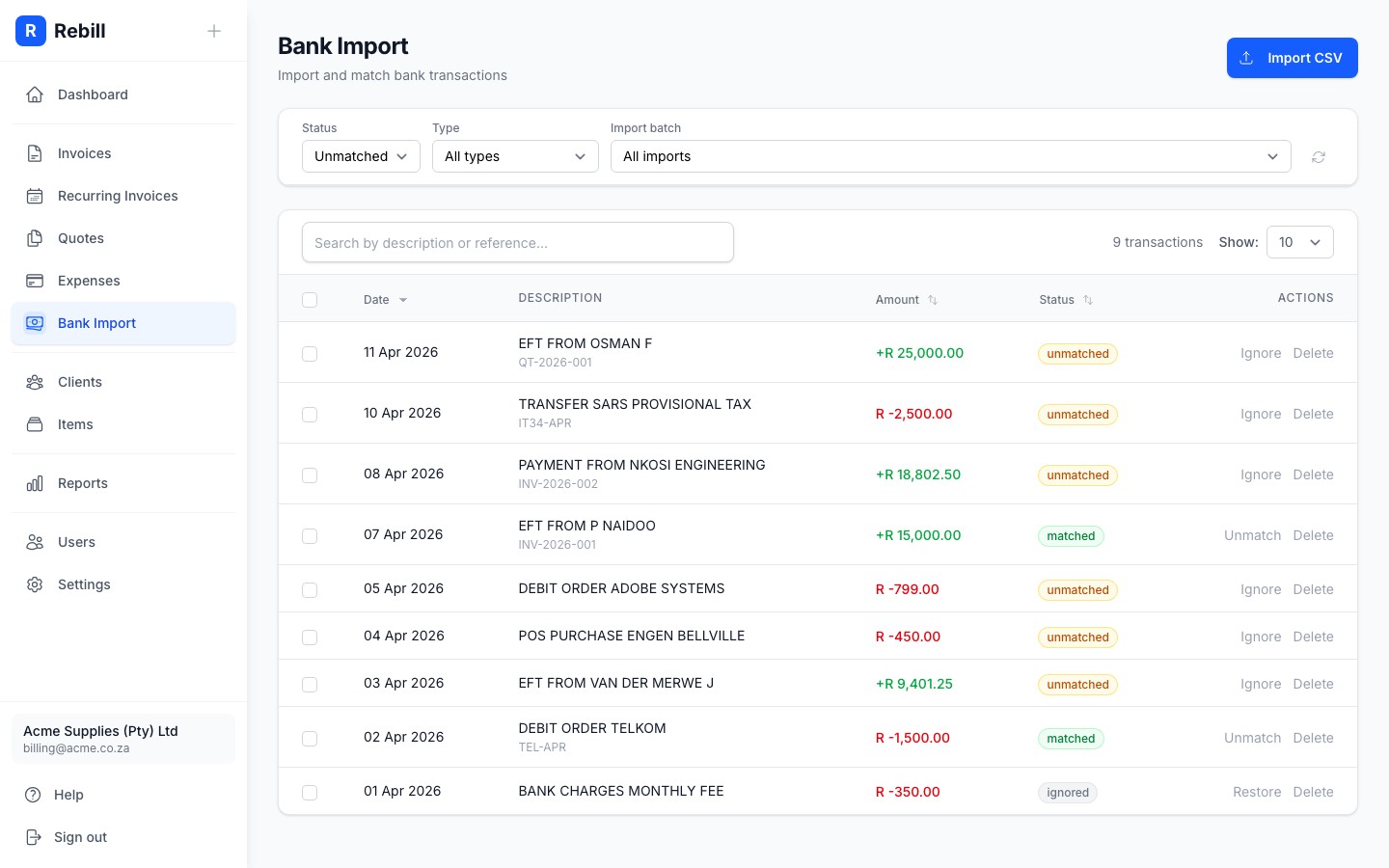 bank import transaction list
