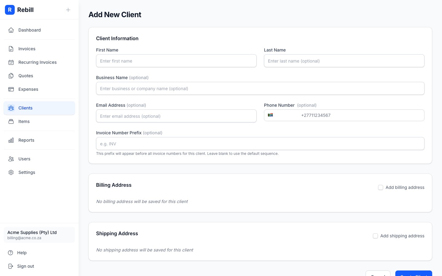 client add personal info