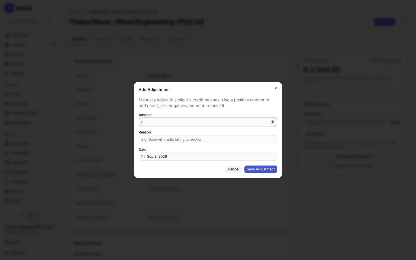 client adjustment modal