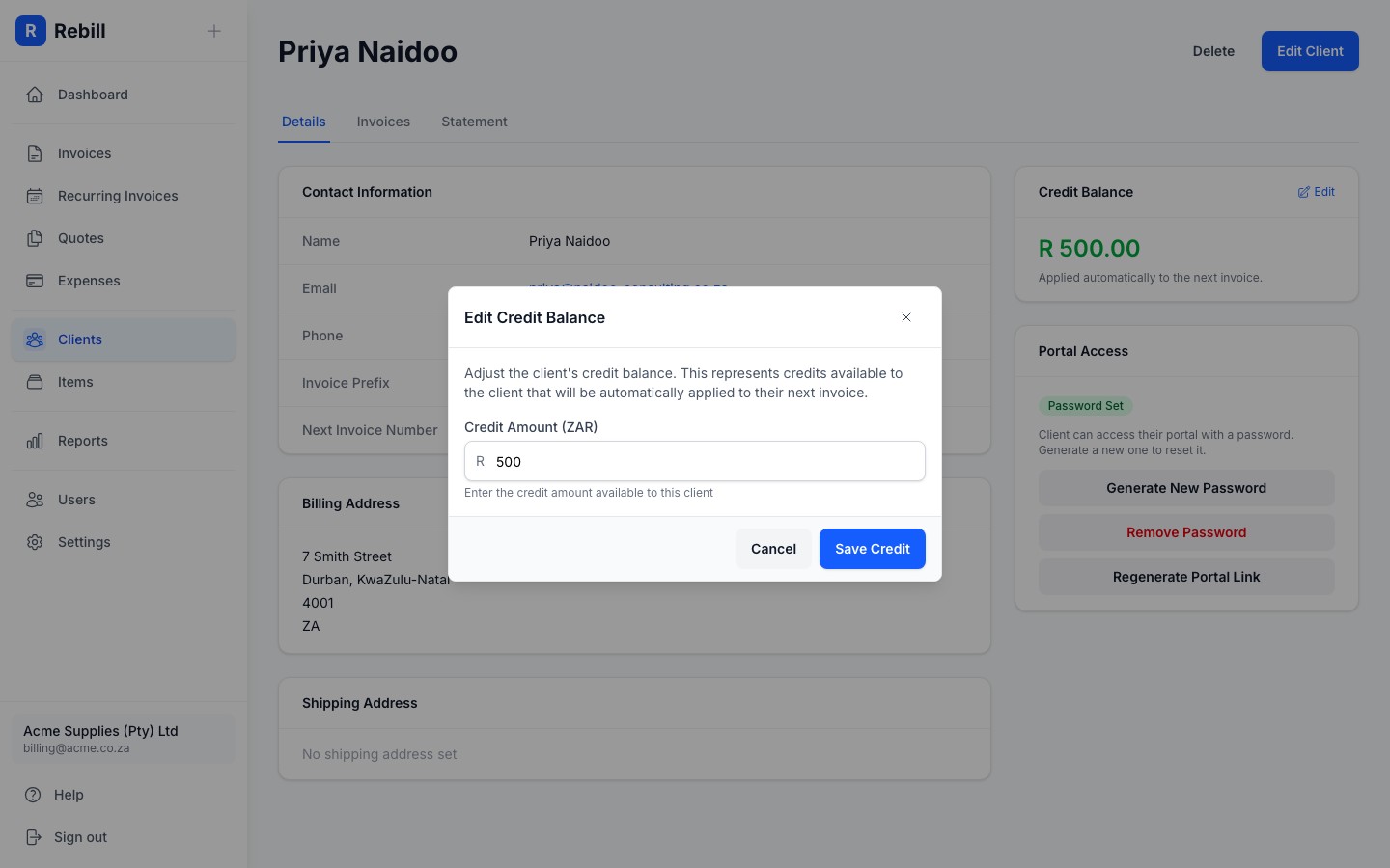 client credit balance modal