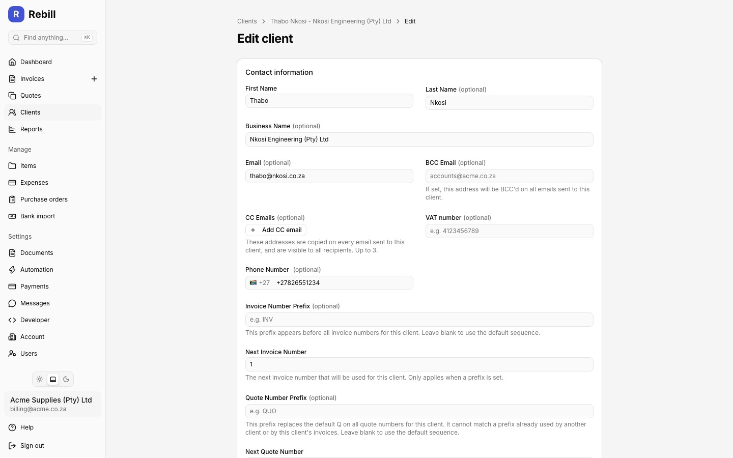 client edit form