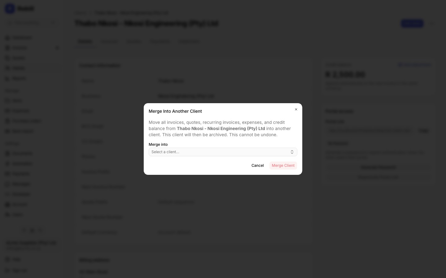 client merge modal