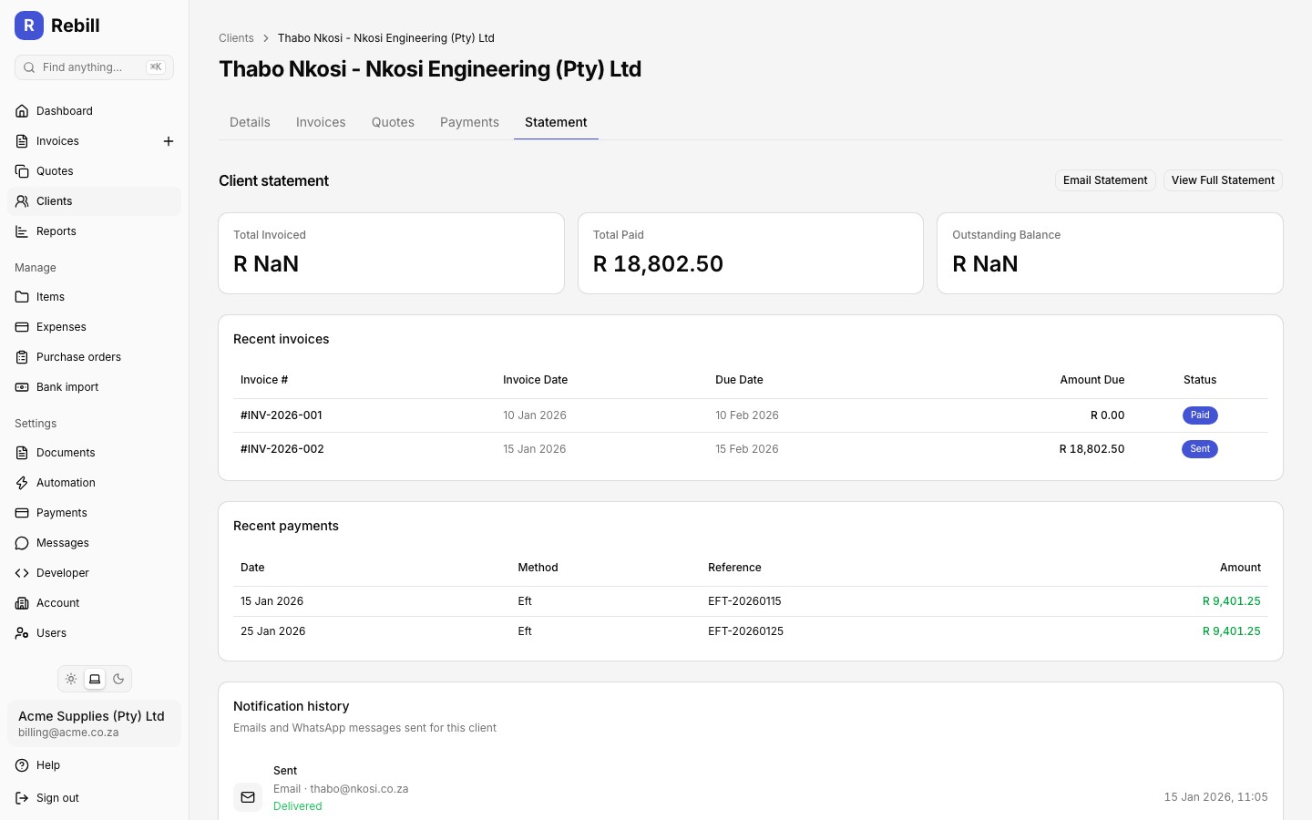 Notification history on a client page