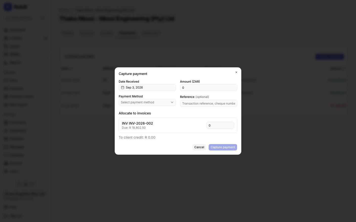 client payment capture modal