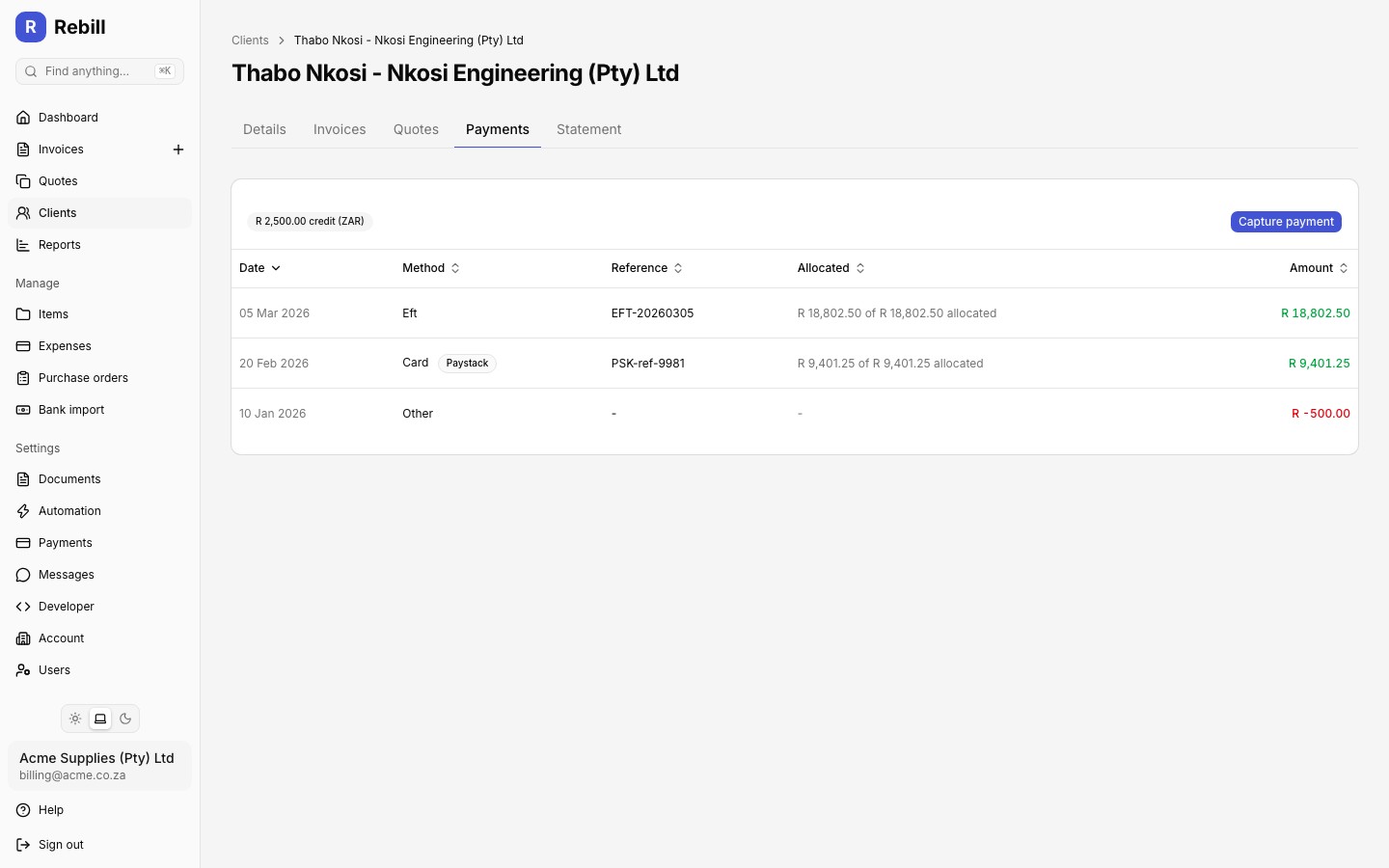 client payments tab