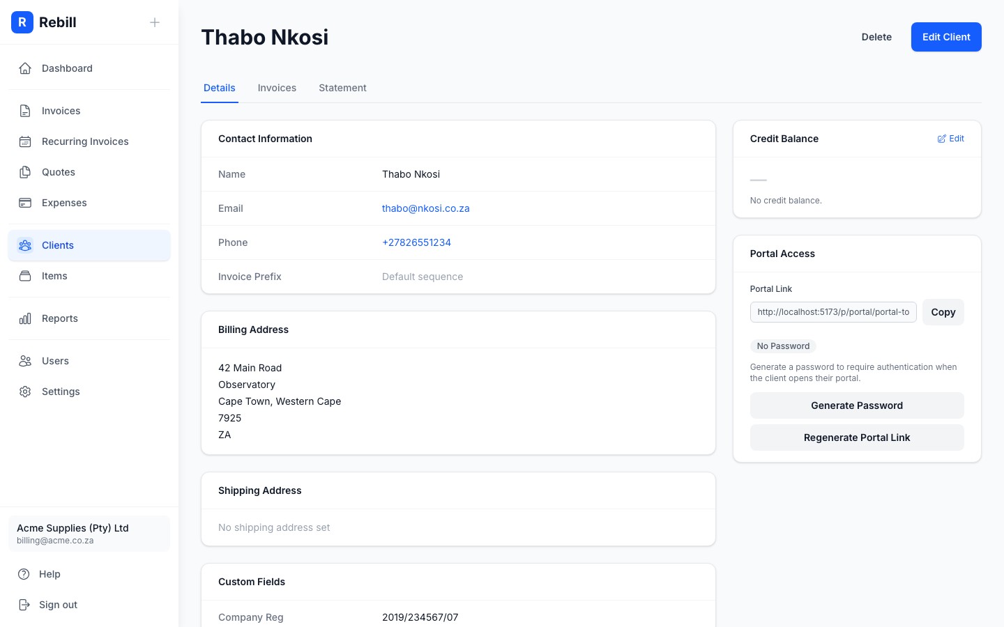 client portal access section