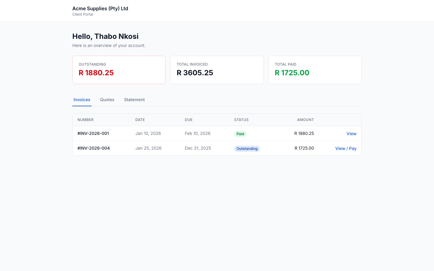 Client portal showing the invoices tab
