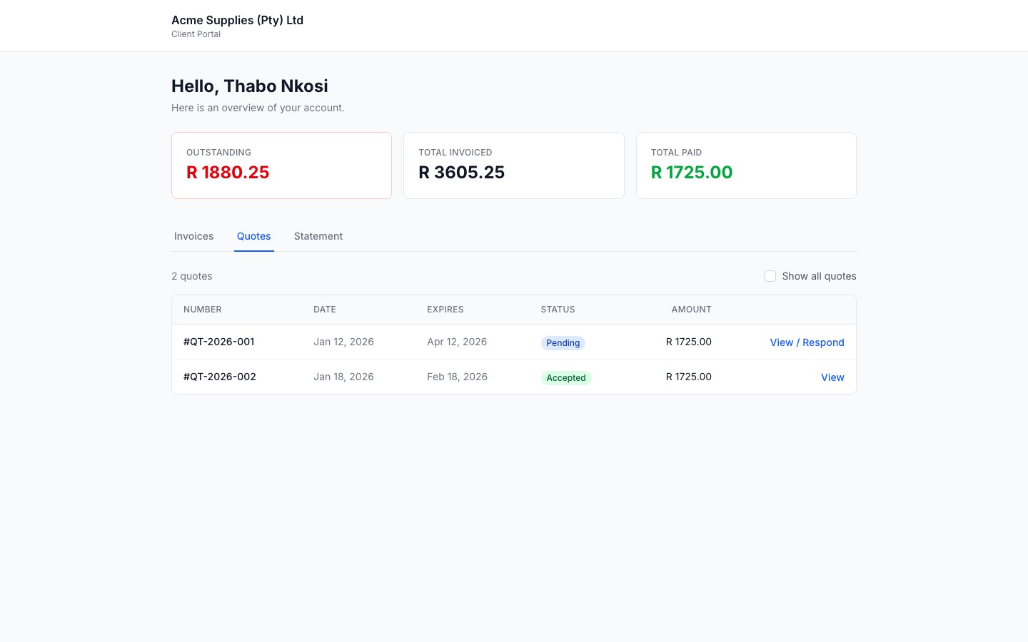 Client portal quotes tab showing active quotes