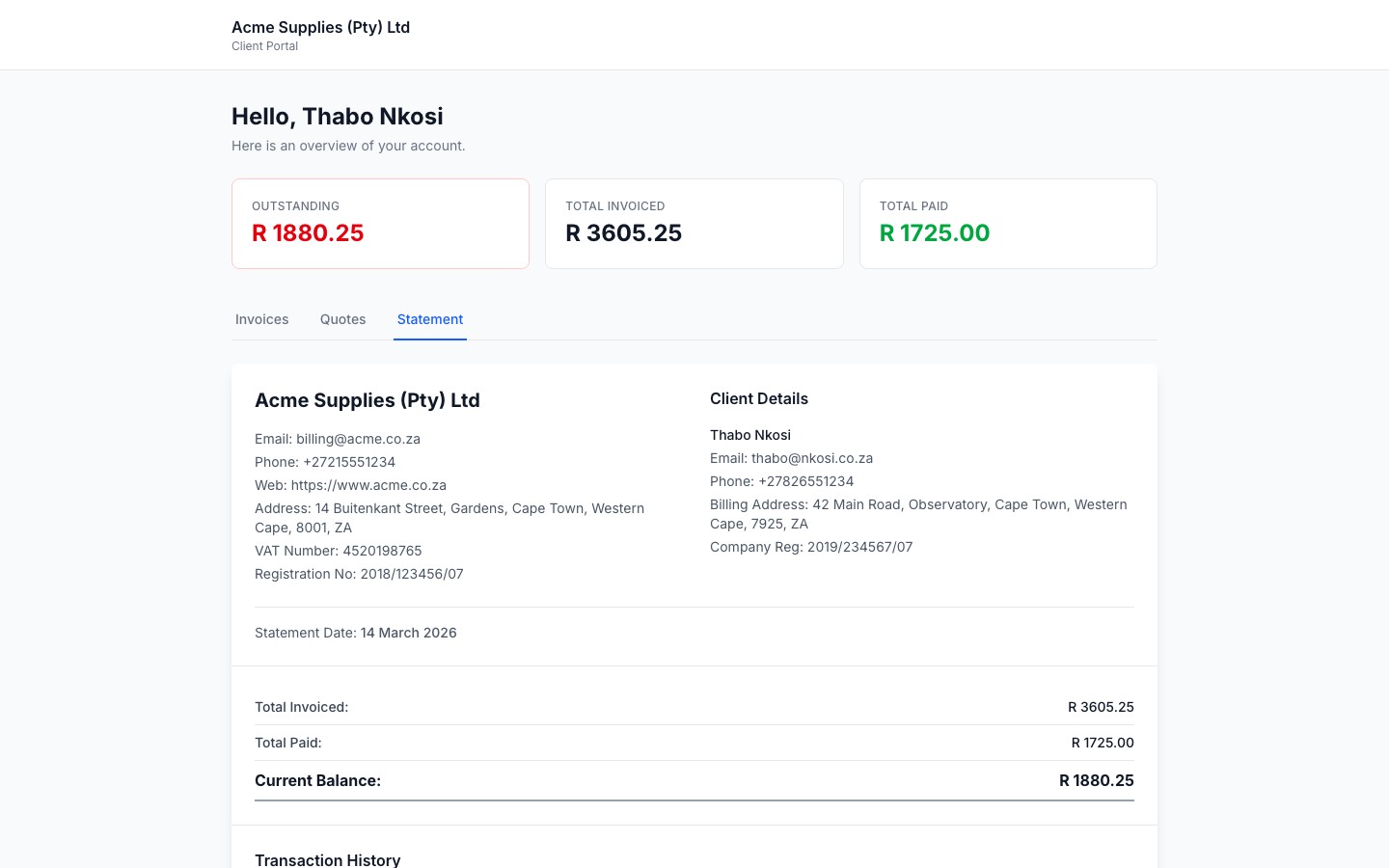 Client portal statement tab showing full account history