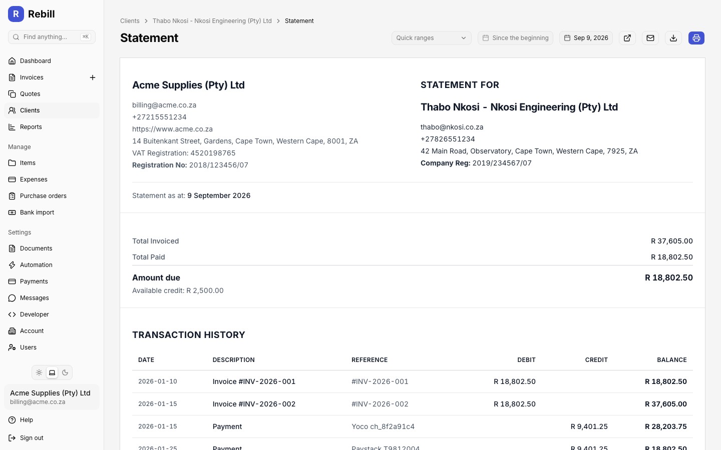 Statement page with date-range controls