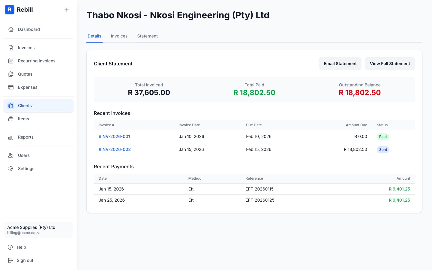 client statement tab