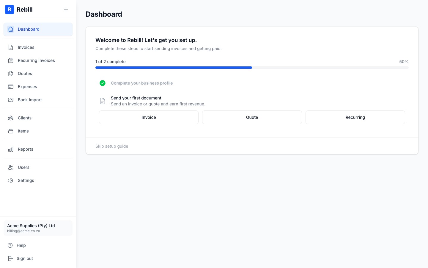 Dashboard setup checklist showing business profile complete, first client added, first invoice pending