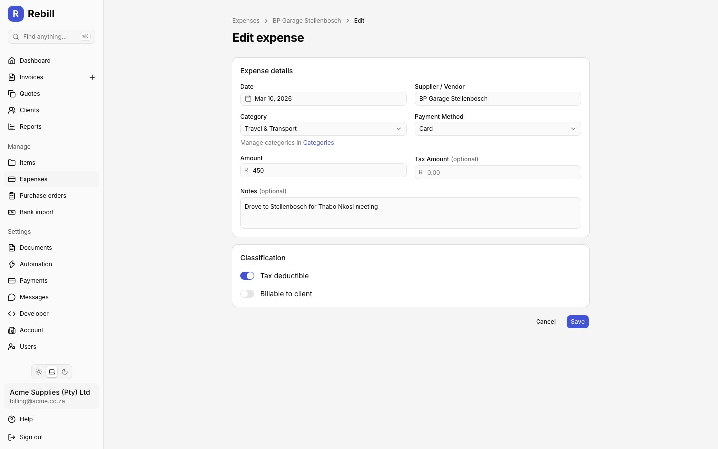 Expense edit page with the supplier, category, amount, and classification fields