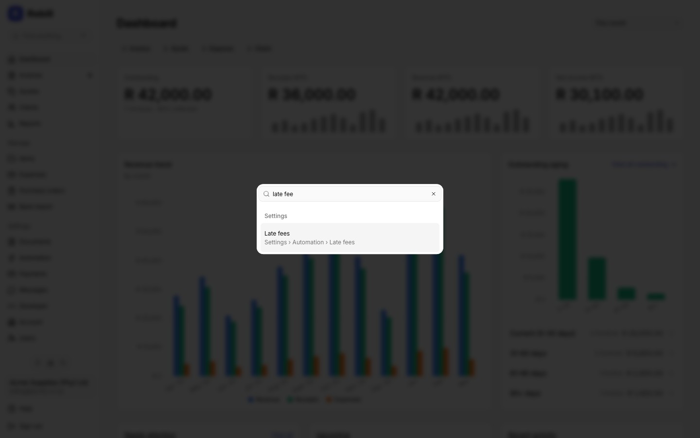 The Find anything command palette open with search results for settings sections and pages