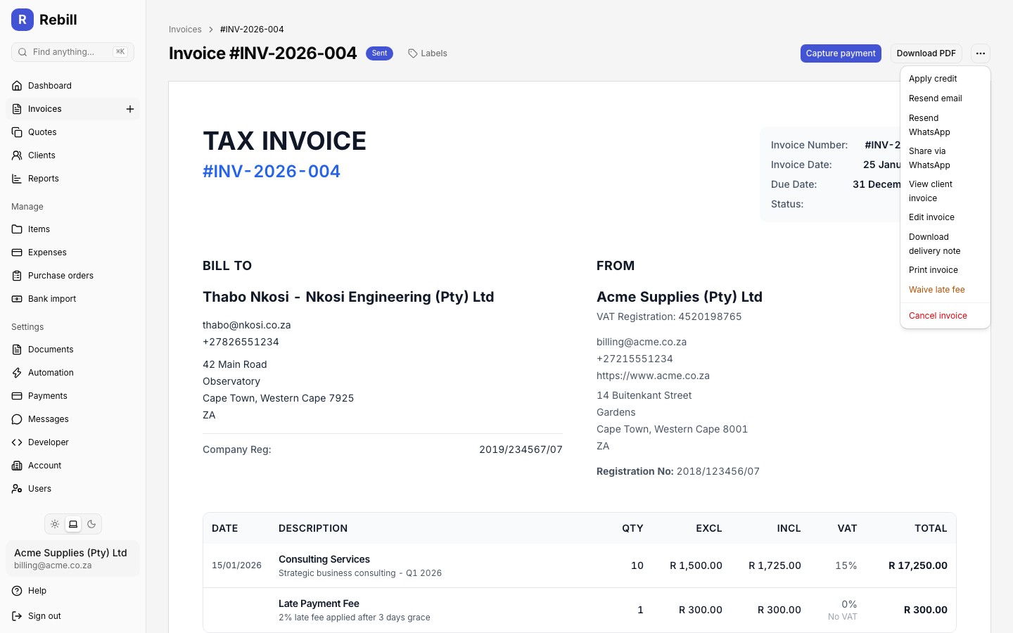 invoice actions waive late fee