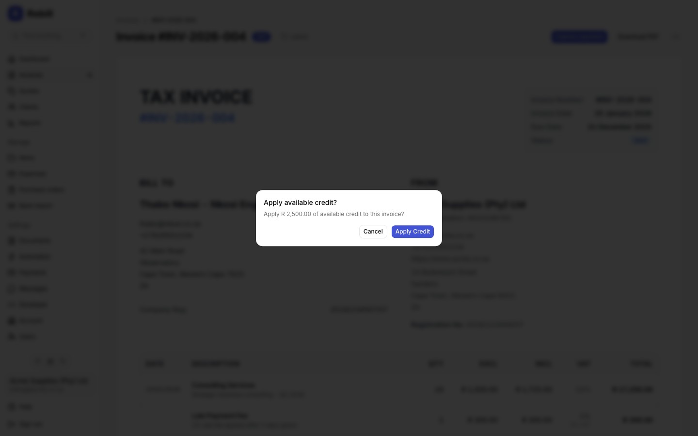 invoice apply credit modal