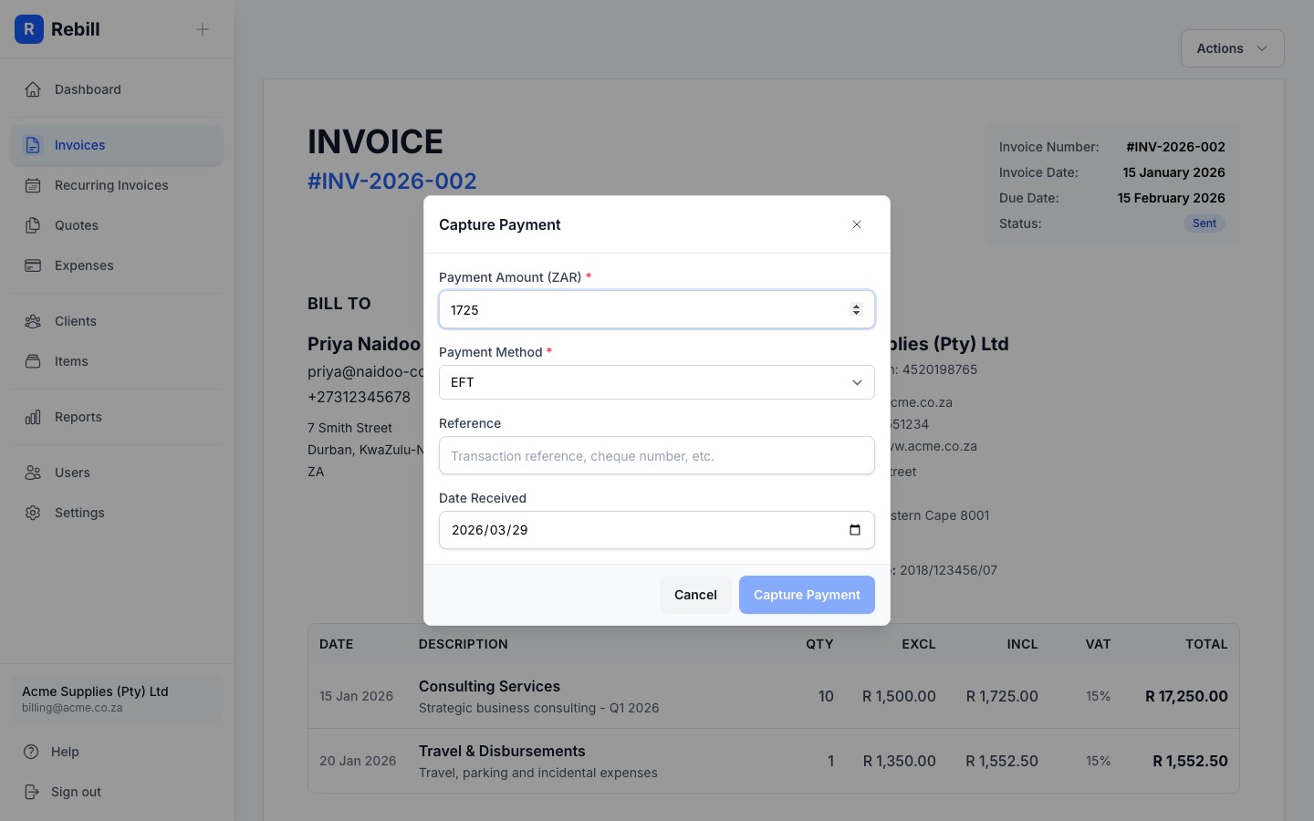 invoice capture payment save