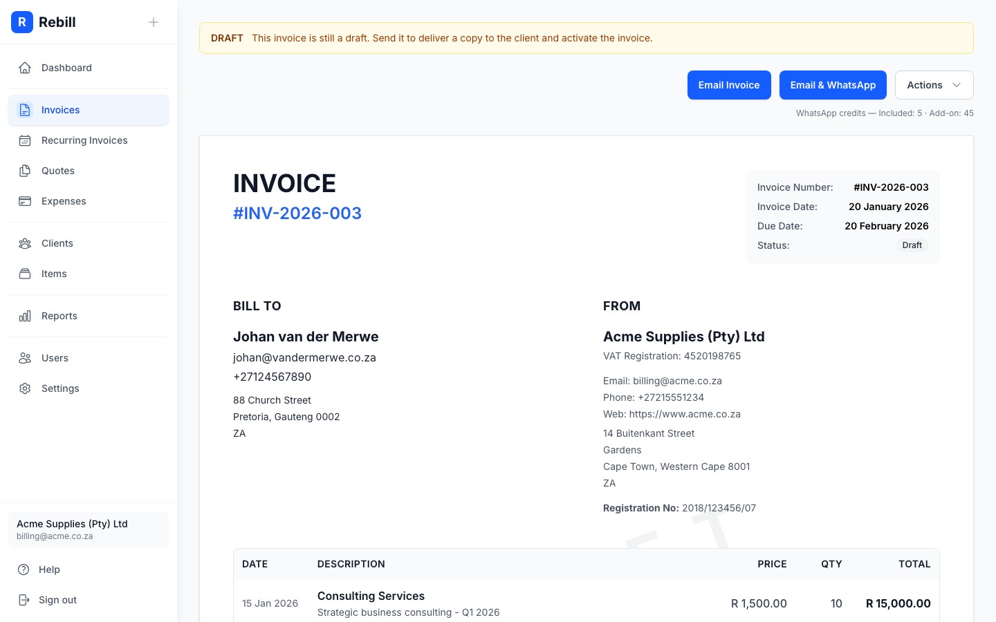 invoice detail email button
