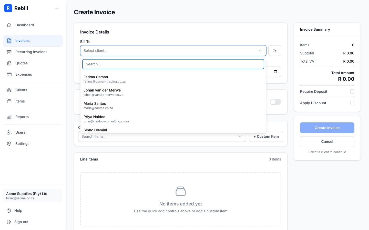 invoice form client selector