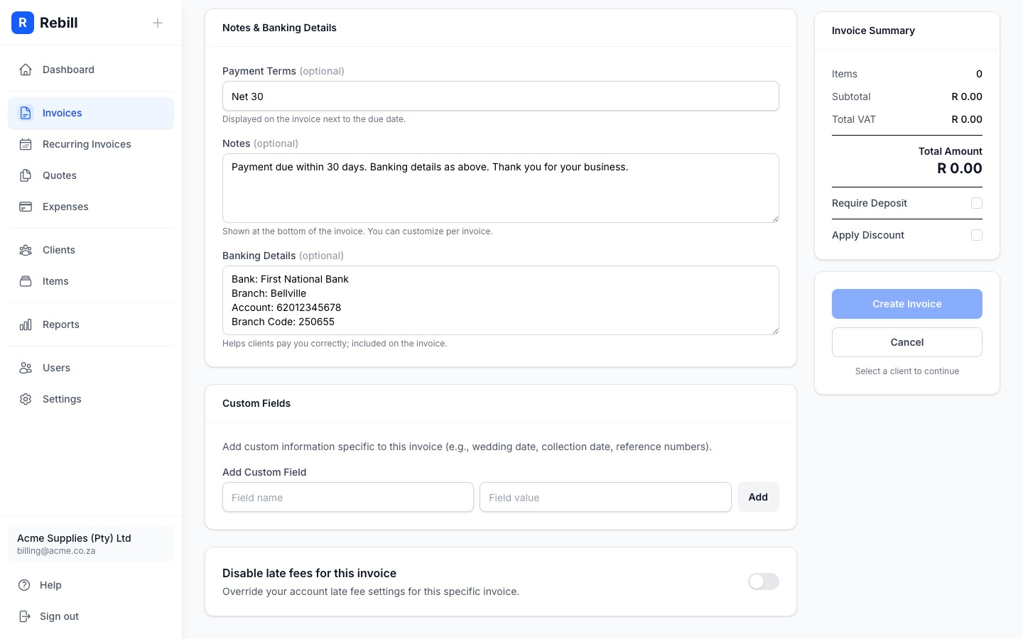 invoice form save button