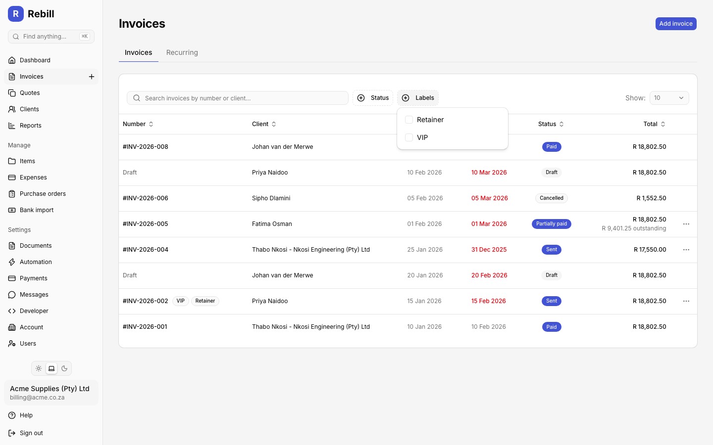 Invoice list with the Labels filter open showing label options