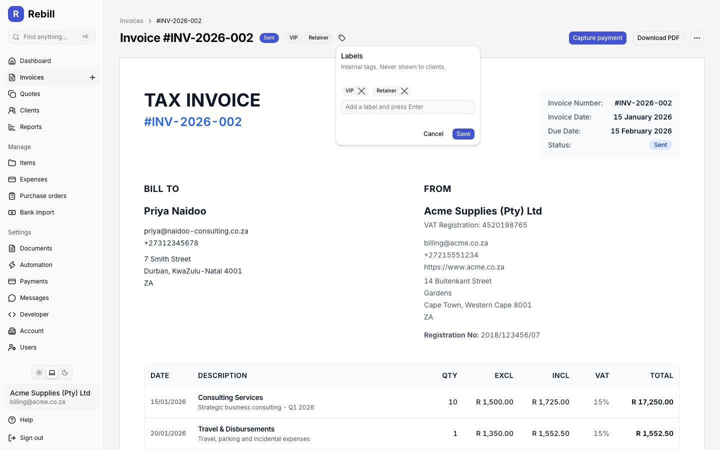 invoice labels quick edit