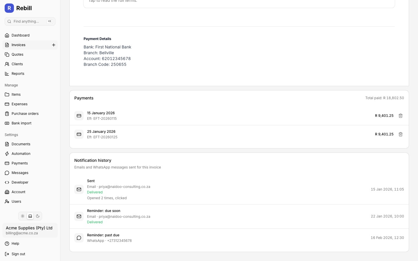Notification history panel showing sent emails with delivery and engagement status