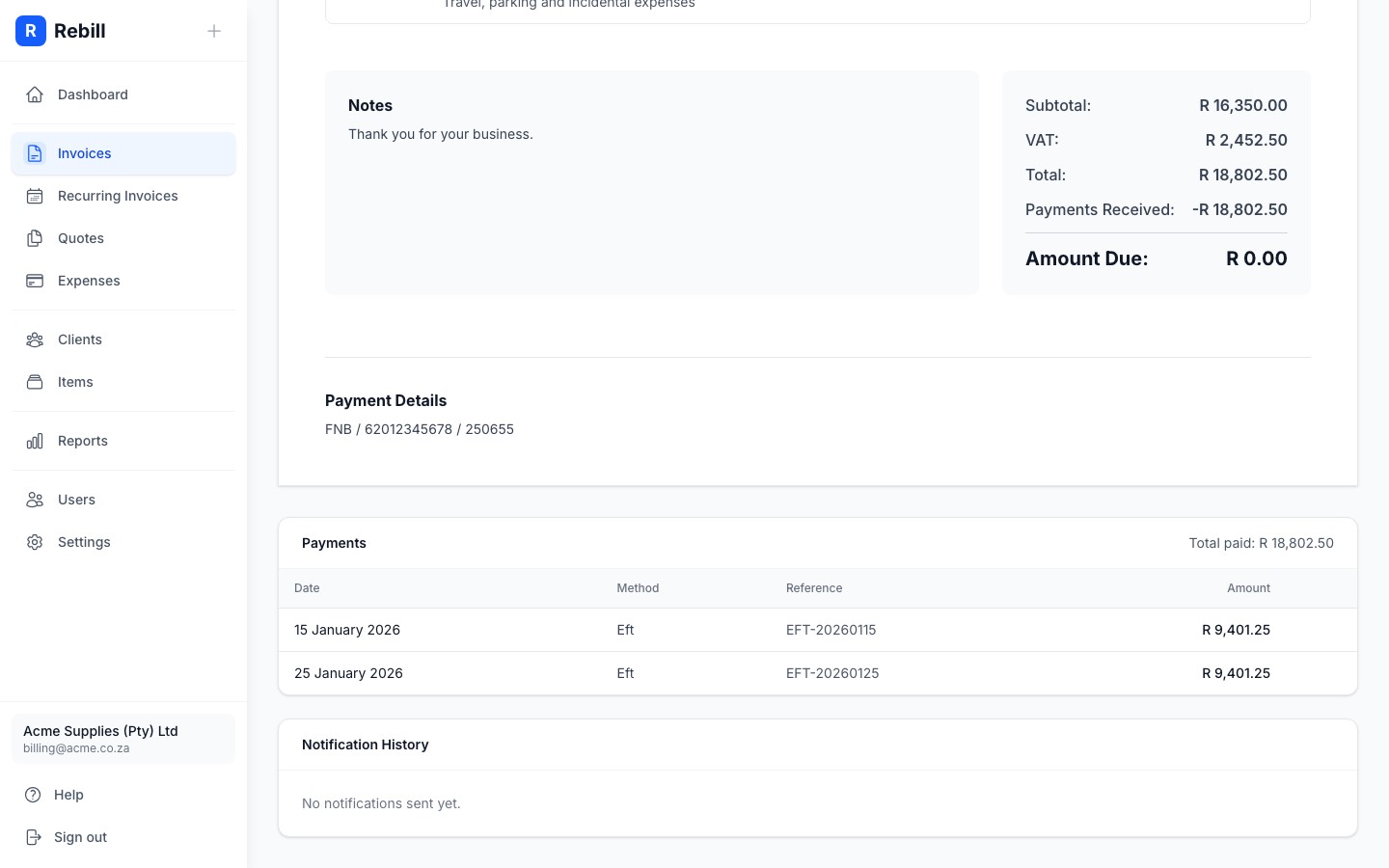 Payments section below an invoice showing recorded payment rows