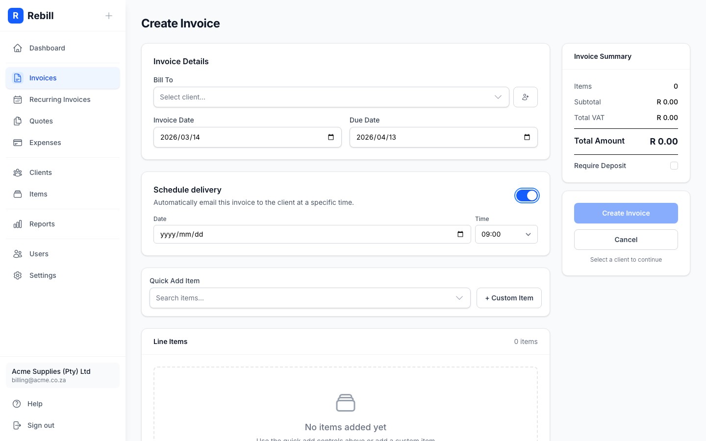 invoice scheduling form enabled