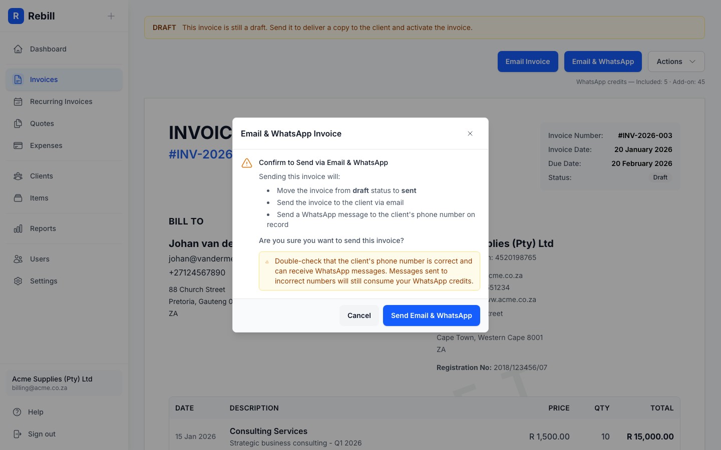 invoice send whatsapp modal