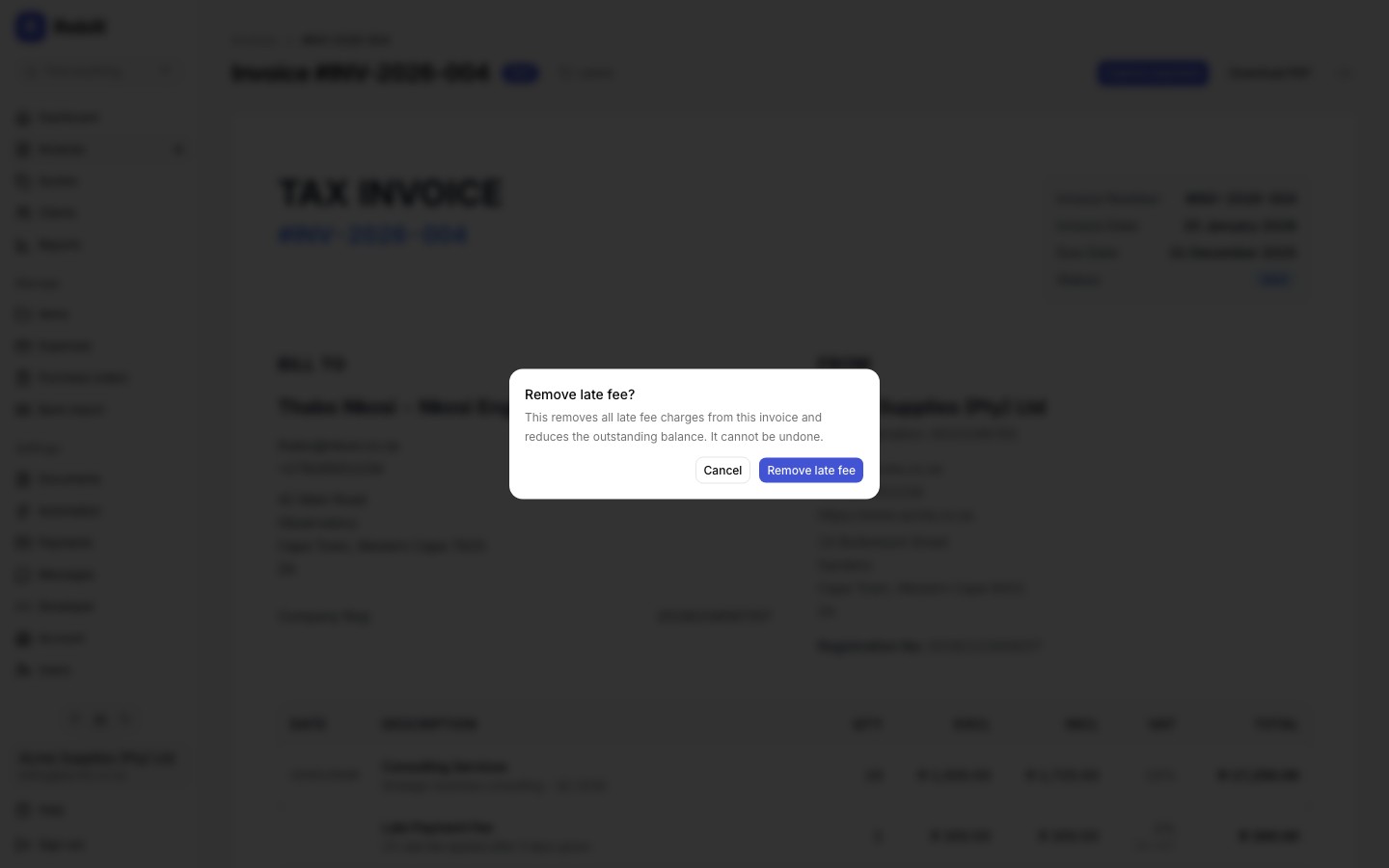 invoice waive late fee modal
