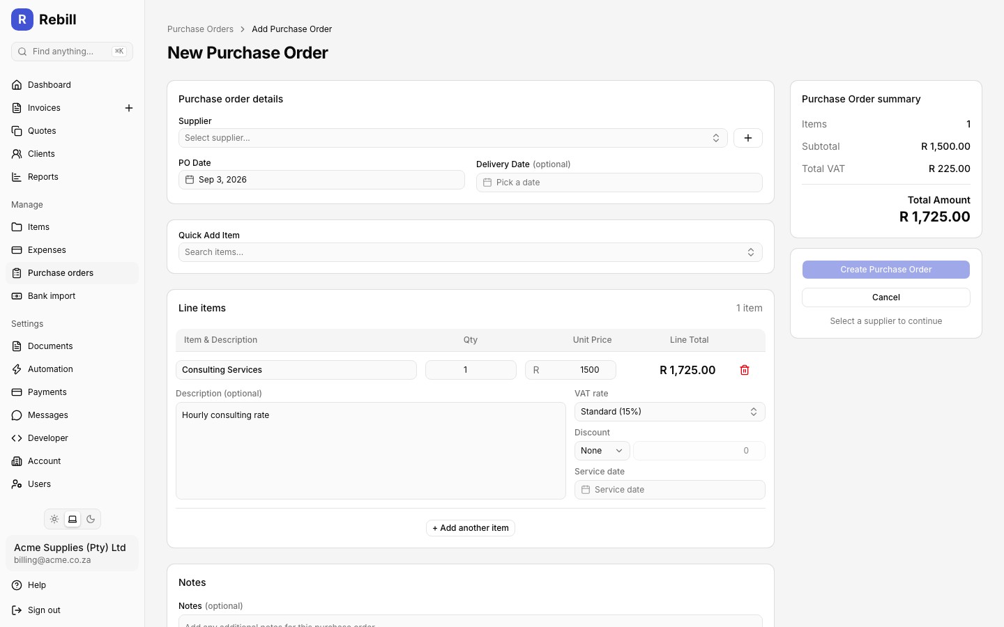 po form items