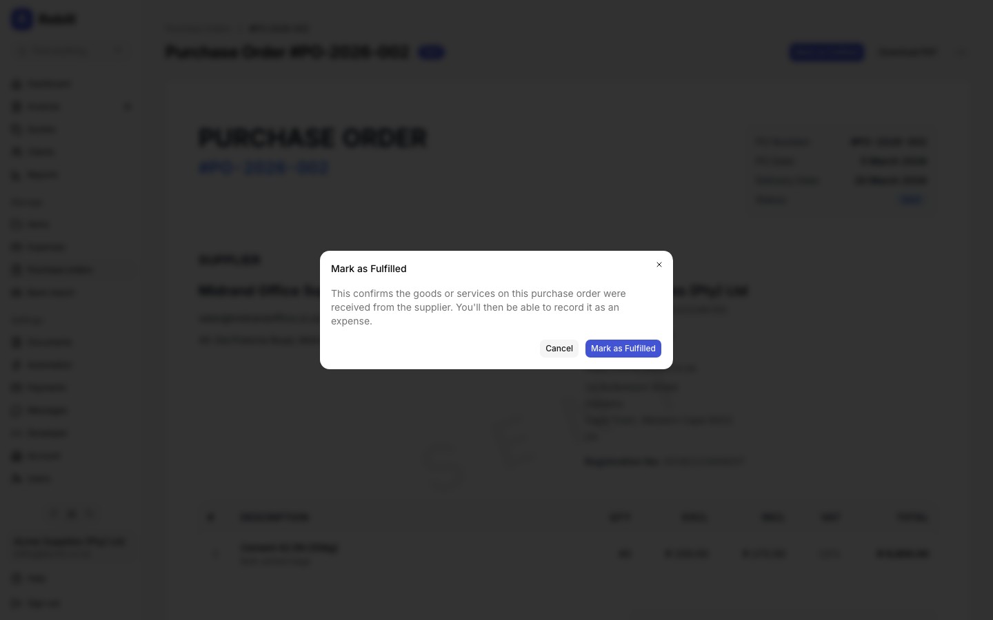 Mark as fulfilled confirmation dialog