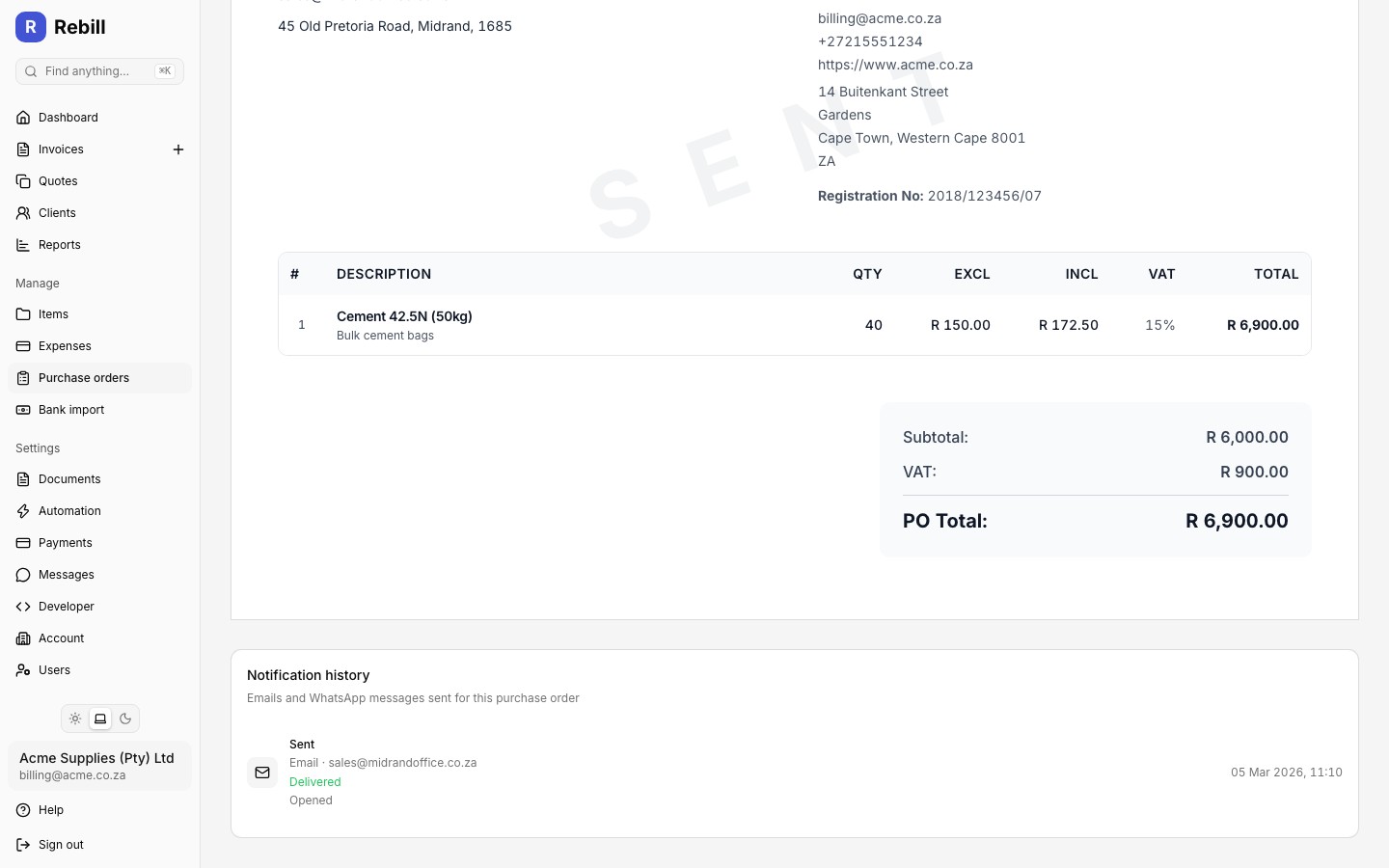 Notification history panel on a purchase order showing sent emails with delivery status