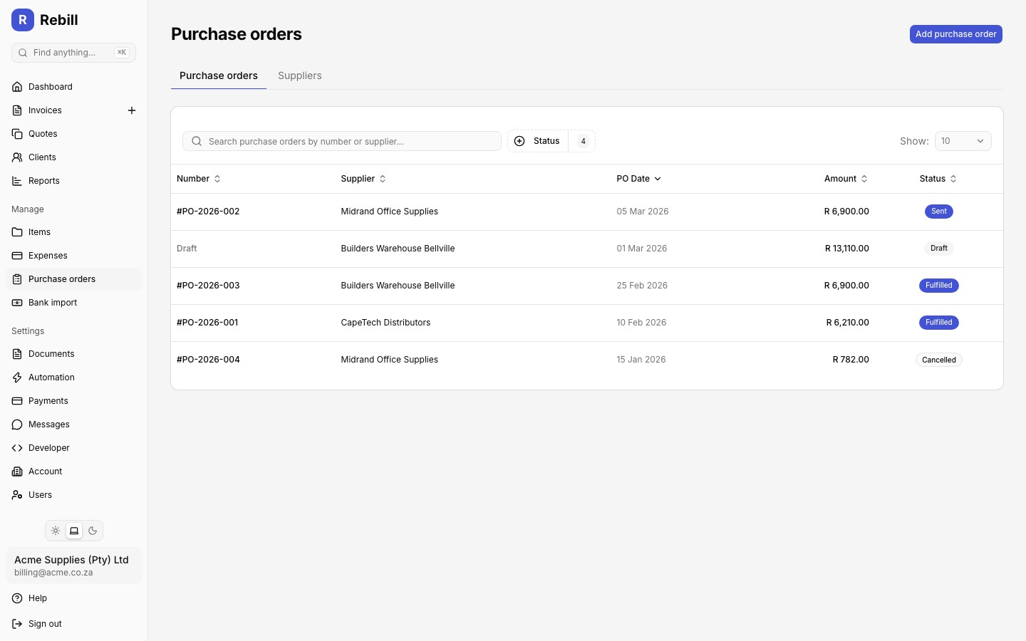 purchase orders list
