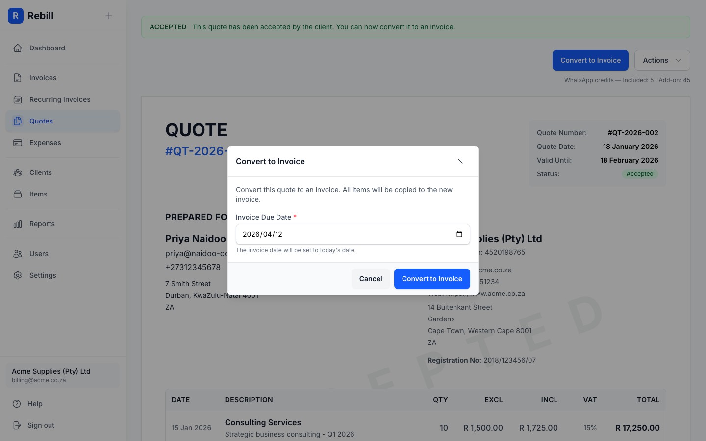 quote convert modal
