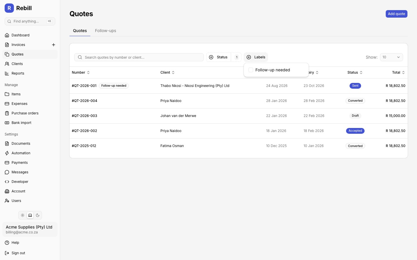Quote list with the Labels filter open showing label options