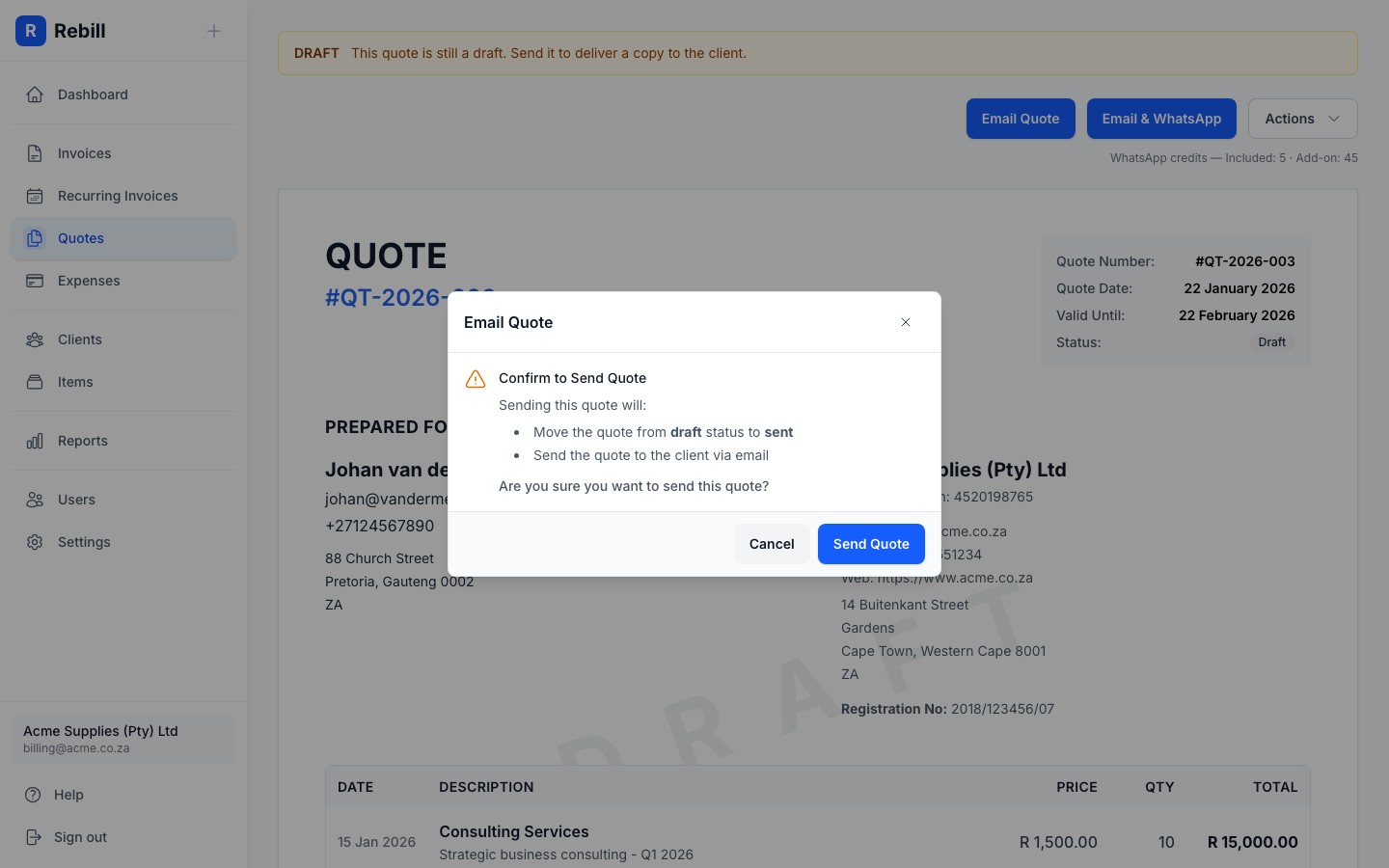 quote send email modal