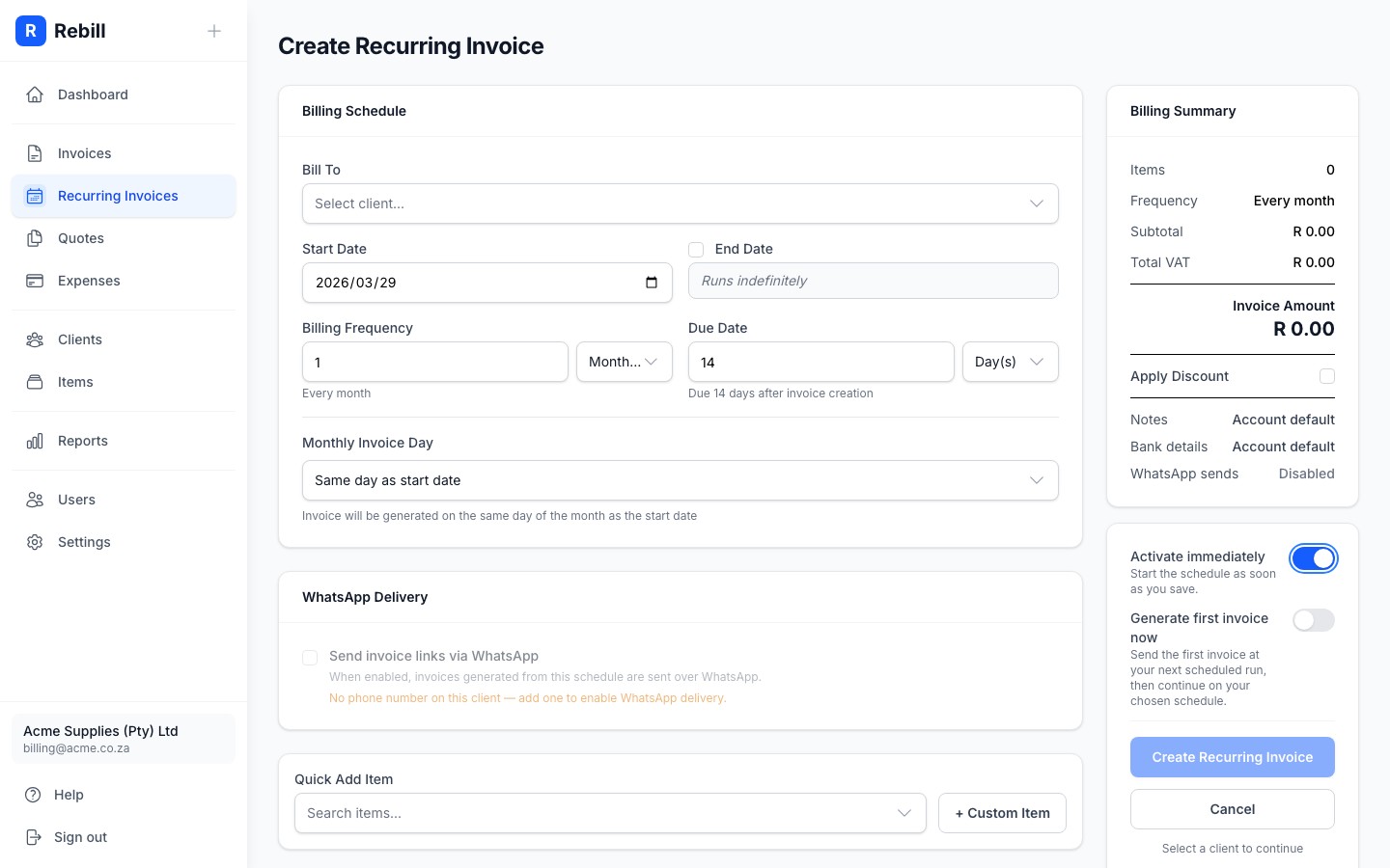 recurring create activate enabled