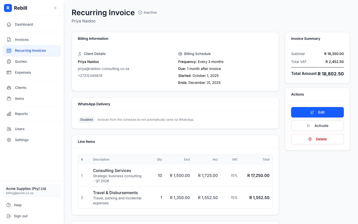 recurring detail activate