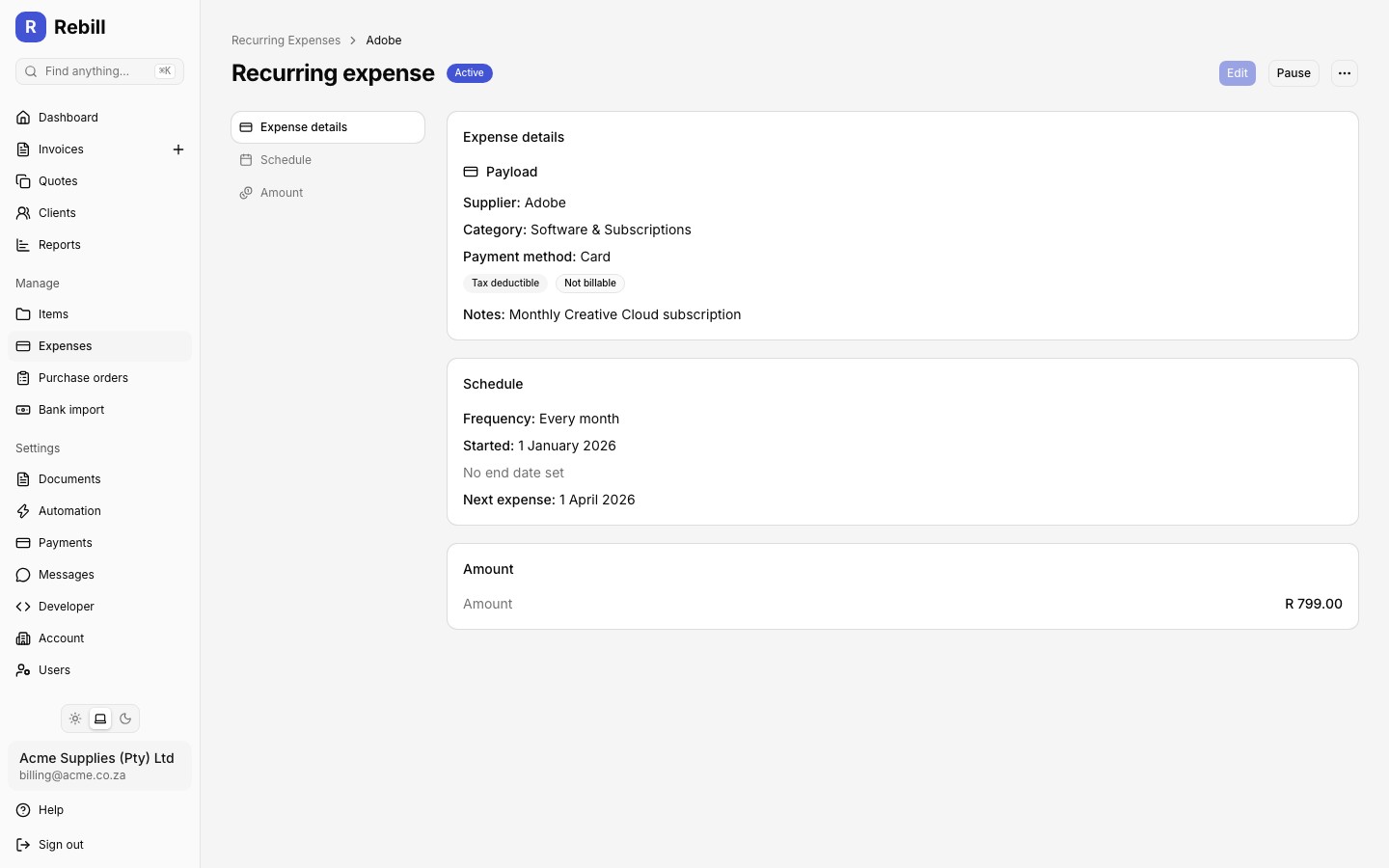Recurring expense detail page
