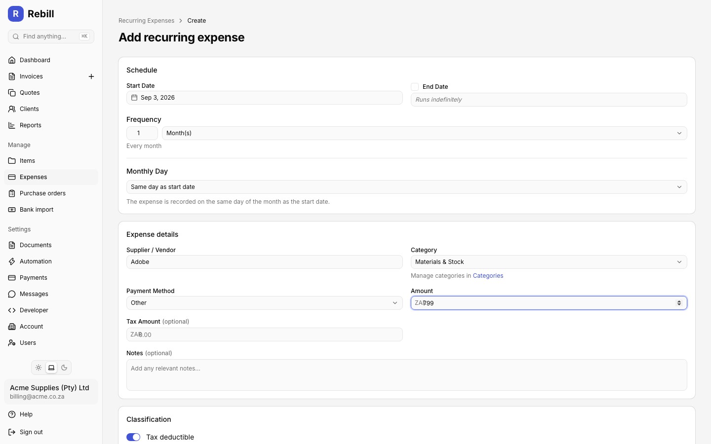 recurring expense form