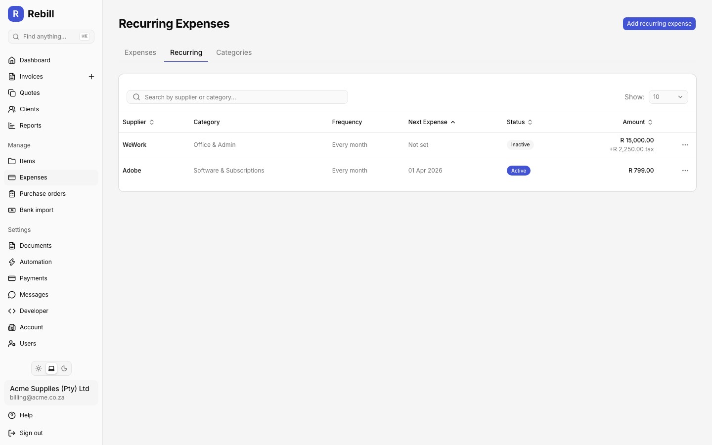 recurring expenses list