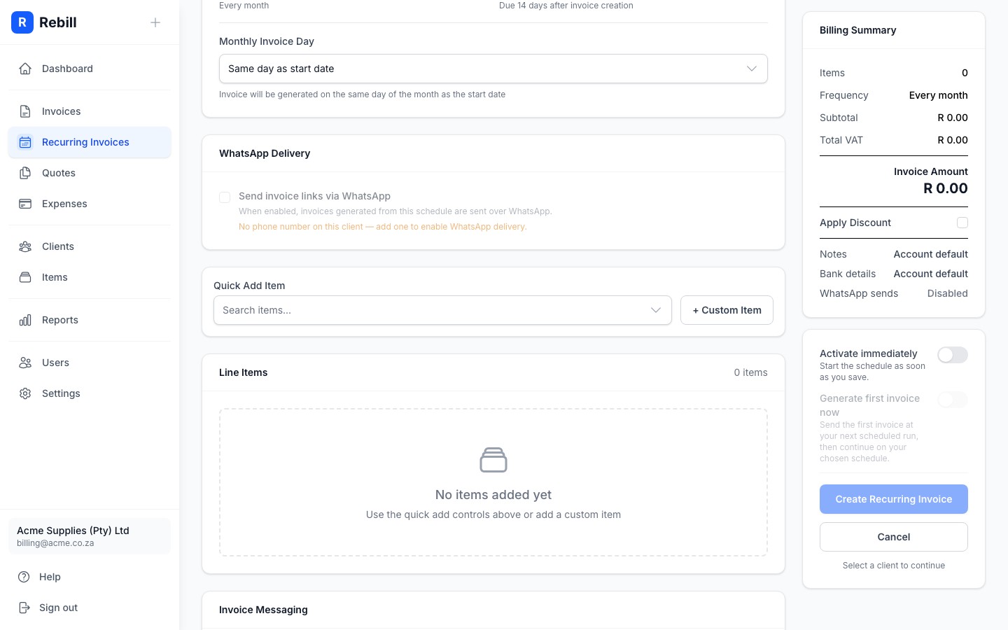 recurring form line items