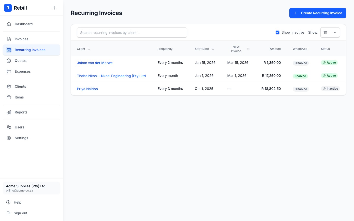 Recurring invoices list showing active and inactive schedules with next invoice dates