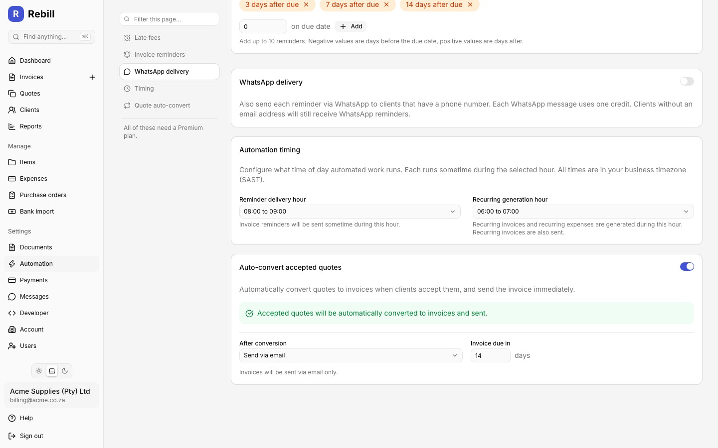 Timing settings showing reminder delivery hour and recurring generation hour selectors