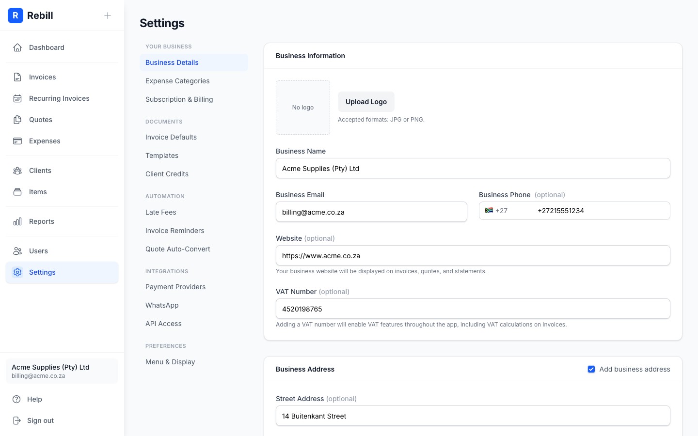 settings business details